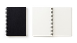 Business concept - Top view collection of black spiral notebook on white background desk for mockup