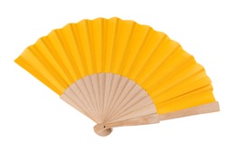 Yellow Open Hand Fan Isolated on a White Background. Top View. Studio shot.