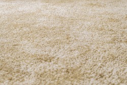 Surface of beige frieze carpet with selective focus and limited depth of field. Artificial wool material carpeting.