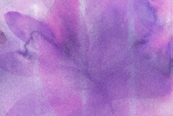 Abstract art background purple and lilac colors. Watercolor painting on canvas with soft violet gradient. Fragment of red artwork on paper with flower pattern. Texture backdrop, macro.
