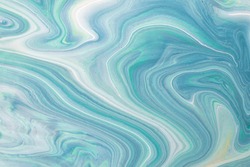 Abstract fluid art background light blue and cyan colors. Liquid marble. Acrylic painting on canvas with turquoise gradient. Watercolor backdrop with white wavy pattern. Stone section.