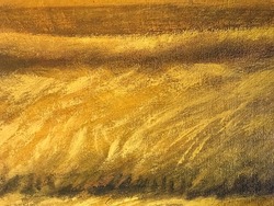Abstract art background golden and brown colors. Watercolor painting on canvas with yellow gradient. Fragment of artwork on paper with wavy pattern. Texture old backdrop.