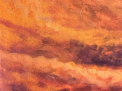 Abstract art background dark red and orange colors. Watercolor painting on canvas with brown gradient. Fragment of artwork on paper with wavy sunset pattern. Texture old backdrop.
