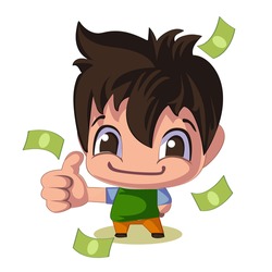 Salesman. Funny guy. Candy from dollars. Vector illustration in cartoon style
