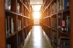 Blur image of picture library background. Library resources, including vast knowledge and sun light.