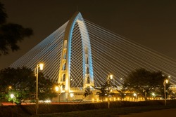 the night scenery of Taichung famous bridge next to taichung central park
