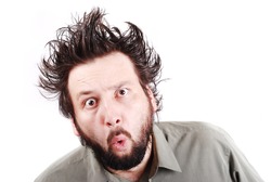  crazy young businessman facial expression, man with long hair up isolated, crazy, mad, funny, shocked, surprised