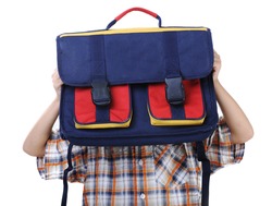 Backpack for school, kid hiding behind