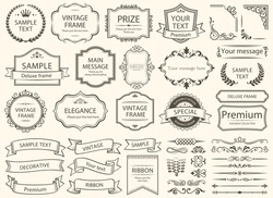 Vintage typographic design elements set. Labels and badges, retro ribbons, luxury ornate logo symbols, calligraphic swirls, flourishes. Vector set border.