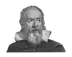 World famous Italian medieval scientist Galileo Galilei isolated on white background. Black and white image. Fragment of old Italian banknote