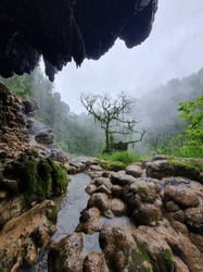 Scenery from a cliffside cave, undisturbed from human, with stalagmite and stalactite hanging from the ceiling