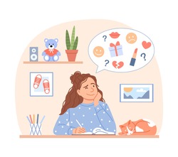 Cute thinking teen girl writes diary planner or organizer on home background concept. Cartoon young beautiful lady with sleeping cat makes creative drawing. Woman leisure design vector illustration.