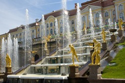 The well-known cascade of fountains of Peterhof. St. Petersburg. Russia.