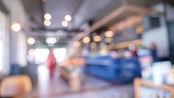 Blurry shopping mall background of store grocery. Blurred background shopping mall light bokeh business event retail store. Blur Convention hall center audience present display goods shelf products