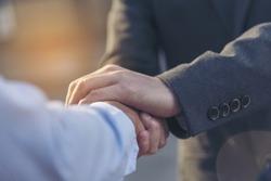Trust Promise Concept. Honest Lawyer Partner with Professional Team make Law Business Agreement after Complete Deal. Ethics Business people handshake, touch and Respect customer to trust partnership.