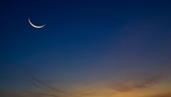 Night Sky with Crescent Moon and Stars Shining, Landscape Dramatic Dark Blue, Purple and OrangeSky, Beautiful Panoramic view of Dusk Sky Twilight Natural background
