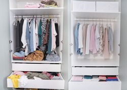 Before untidy and after tidy wardrobe. closet and nicely arranged clothes in piles and boxes after the revision and organization. Messy clothes thrown on a shelf and nicely arranged clothes in piles.