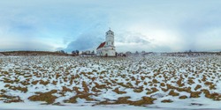 3D spherical panorama with 360 viewing angle. Winter landscape with snow. Cold blue sunset near the church.  