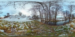 3D spherical panorama with 360 viewing angle.  Ready for virtual reality or VR. Full equirectangular projection. Winter landscape with snow. Cold blue sunset on the river under ice.  