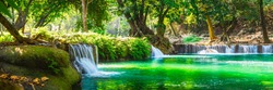 Wide panorama beautiful fresh green nature scenic landscape waterfall in deep tropical jungle rain forest, Famous landmark outdoor travel Saraburi Thailand, Spring background, Tourism destination Asia
