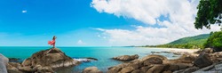 Wide panorama traveler woman in dress stand on rock joy nature scenic landscape Sichon beach, Panoramic view tourist travel thailand summer holiday vacation, Tourism beautiful destinations place Asia