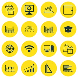 Set Of 16 Universal Editable Icons For Airport, Education And Computer Hardware Topics. Includes Icons Such As Graduation, Segmented Bar Graph, Bars Chart And More.