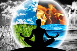 Female yoga figure in a transparent sphere, composed of four natural elements (water, fire, earth, air), as a concept for controlling emotions, power over nature, calm and optimism.