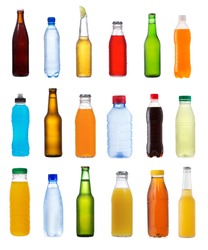 set with different bottles on white background
