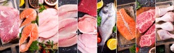 food collage of various fresh meat, chicken and fish, top view