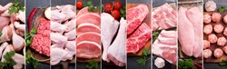 food collage of various fresh meat and chicken, top view
