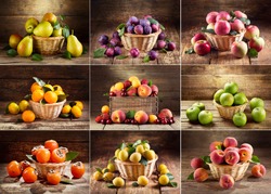 collage of fresh various fruits on wooden table