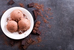 plate of chocolate ice cream scoops on dark background, top view copy space.