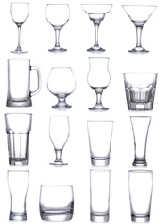 set with different empty glasses and mugs on white background