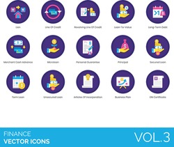 Finance icons including lien, revolving line of credit, loan to value, merchant cash advance, microloan, personal guarantee, principal, secured, unsecured, article of incorporation, business plan, EIN
