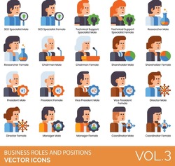 Business Roles and Positions Icons including Accountant, Administrator, Agent, Analyst, Assistant, Associate, Board of Directors, CCO, CEO, CFO, Chairman, CIO, CMO, Company, Consultant, HR, Specialist