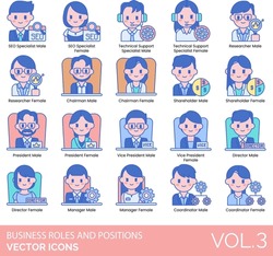Business Roles and Positions Icons including Accountant, Administrator, Agent, Analyst, Assistant, Associate, Board of Directors, CCO, CEO, CFO, Chairman, CIO, CMO, Company, Consultant, HR, Specialist