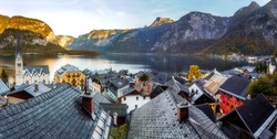 Awesome views of the lake Hallstatter and Hallstatt Lutheran Church. Panorama in Austria Alp at sunrise in Hallstatt. Austria, Salzkammergut, Europe. Top Popular place for photographers and travelers