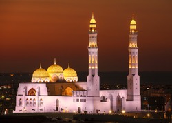 Night cityscape of Muscat with an illuminated mosque, Oman