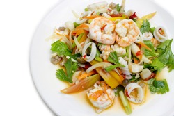 Spicy Seafood Salad isolated on white background.