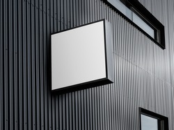 Blank White Square Store Signboard. Illuminated Lightbox on a Black Corrugated Wall