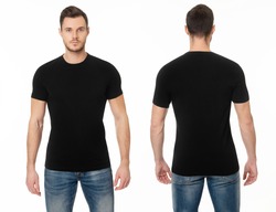 A handsome muscular guy in a black t shirt. Mockup of a template of a black man's t-shirt on a white background. Front view, rear view. 