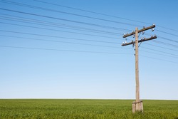 wooden electric pole standing on the field