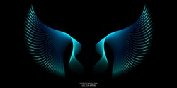 Abstract symmetry wings line blue green colors isolated on black background. Vector illustration in concept of freedom.