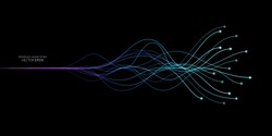 AI Artificial intelligence wave lines neural network purple blue and green light isolated on black background. Vector in concept of technology, machine learning, A.I.
