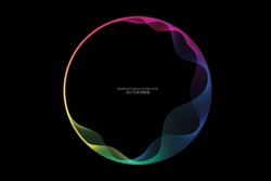 Vector abstract circles lines wavy in round frame colorful rainbow isolated on black background with empty space for text