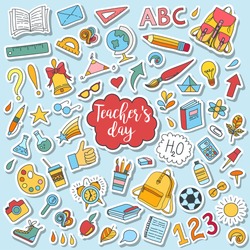 School and education doodles hand drawn vector symbols and objects. Colorful sticker style drawings. Teacher's day