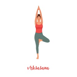 Cartoon young woman standing in vrksasana posture vector flat illustration. Active female in Tree pose isolated on white background. Girl character exercising enjoying healthy lifestyle