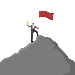 Successful businessman holding a flag and trophy on top of mountain vector. Symbol of success, achievement victory. Flat vector illustration isolated on white background