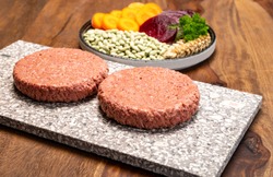 Source of fibre plant based vegan soya protein burgers, meat free healthy food close up
