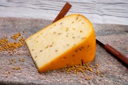 Cheese collection, piece of hard yellow Dutch gouda cheese with dried fenugreek seeds close up